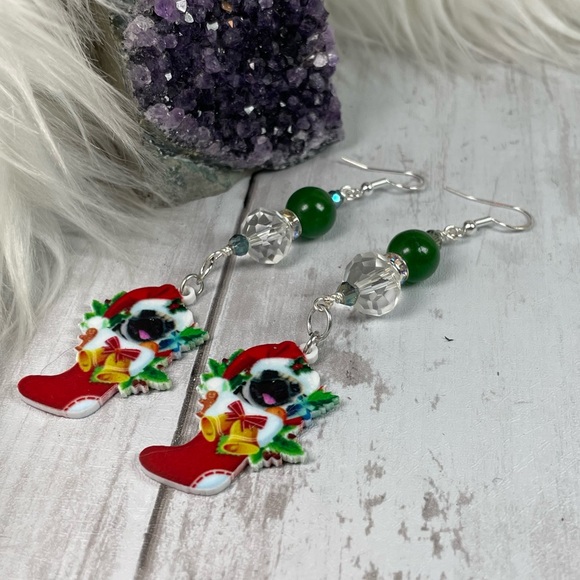 French Bulldog Acrylic Christmas Dangle Earrings Hand Crafted And Double Sided - Picture 3 of 12